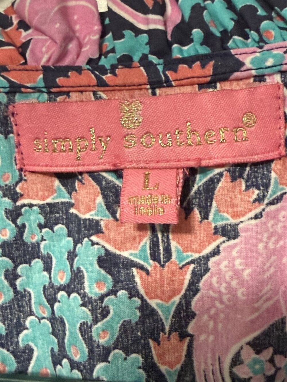 Simply Southern Blouse Pink Flamingo Ruffle Ric Rac Womens Large Flowy Tropical - Picture 5 of 10